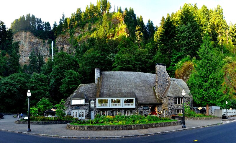 Stone Building with Waterfall — Green, Serene