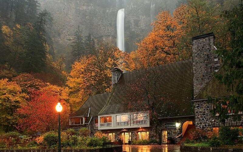 Stone Building with Waterfall — Orange