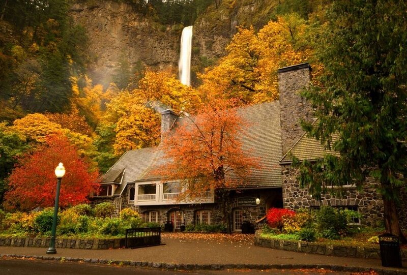 Stone Building with Waterfall