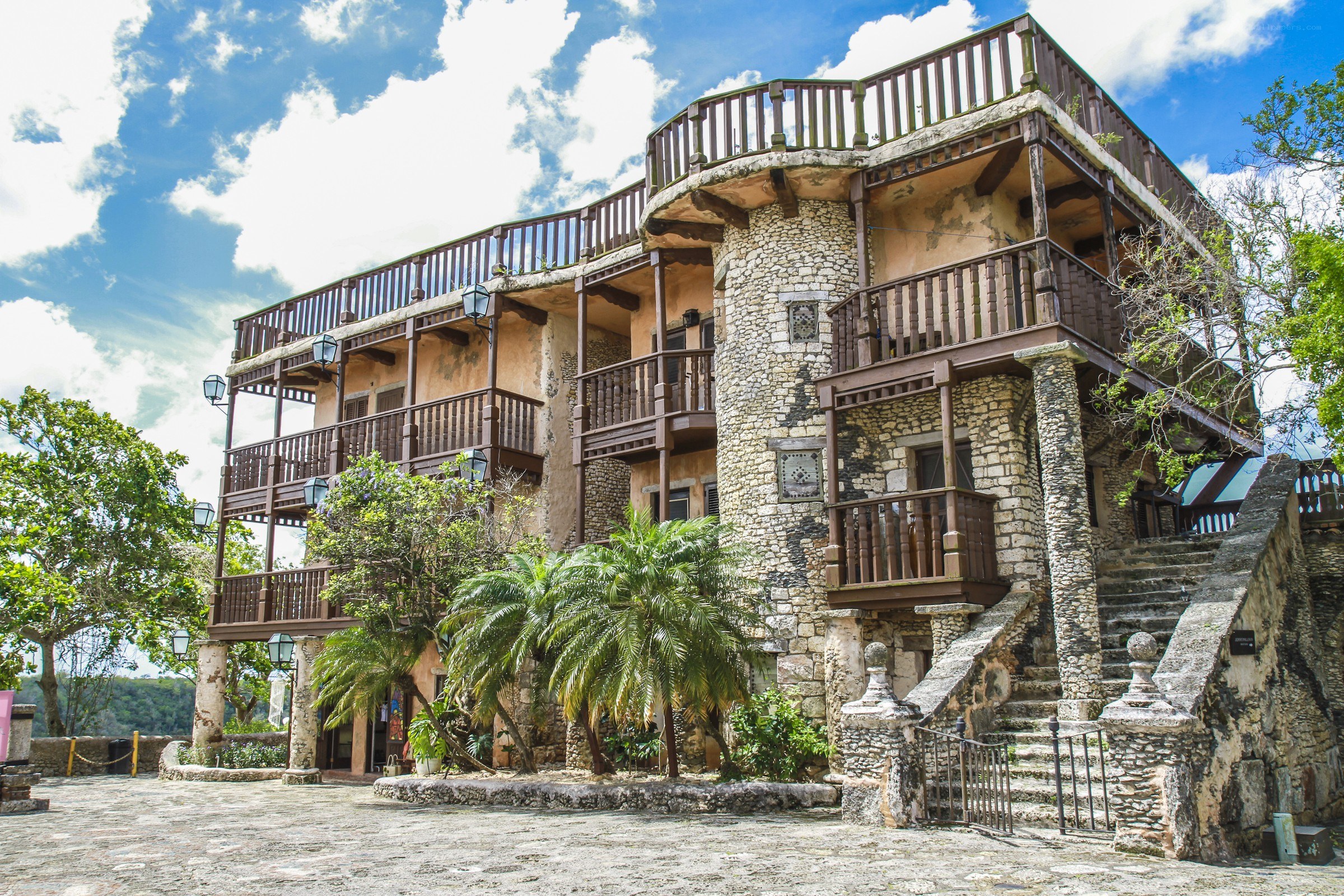Stone building with wooden balconies