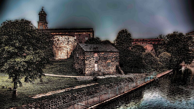 Stone Buildings by River — Green