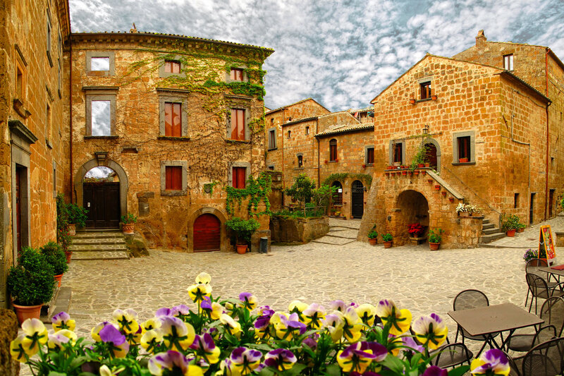 Stone Buildings in Courtyard — Brown, Serene