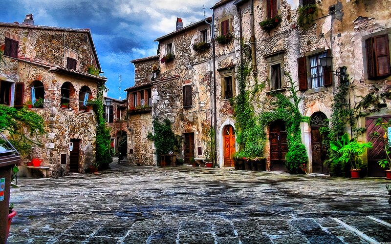Stone Buildings in Courtyard — Brown
