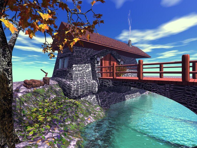 Stone cabin by a river