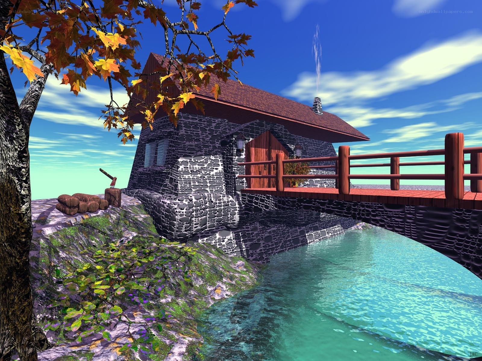 Stone cabin by a river
