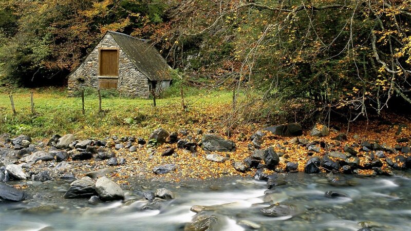 Stone Cabin by Stream — Green, Serene