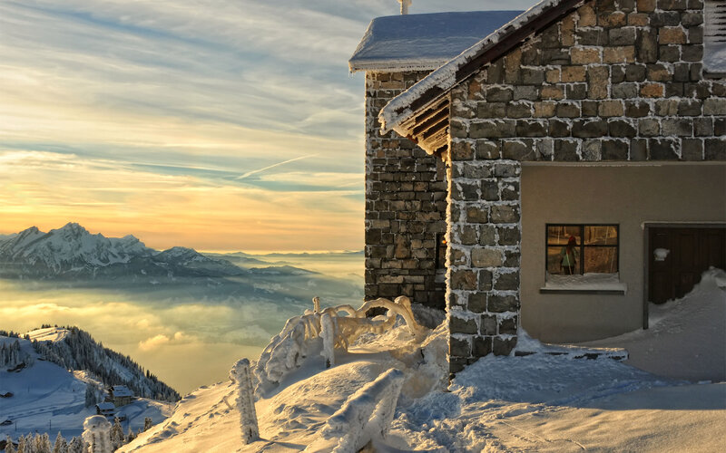 Stone Cabin in Snow