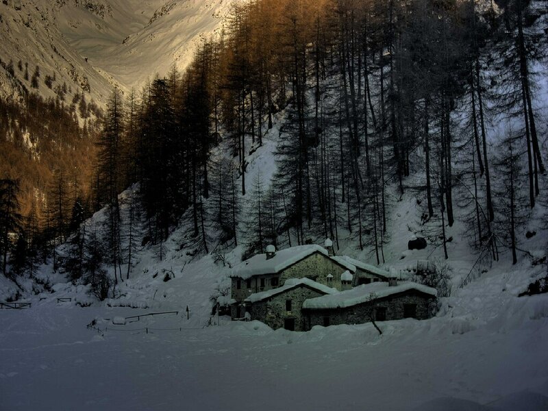 Stone Cabin in Snow — White