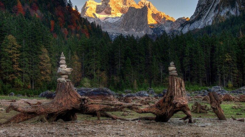 Stone Cairns on Tree Stumps