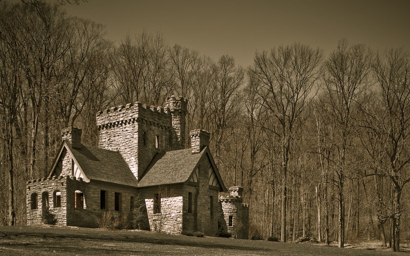 Stone castle in wooded area