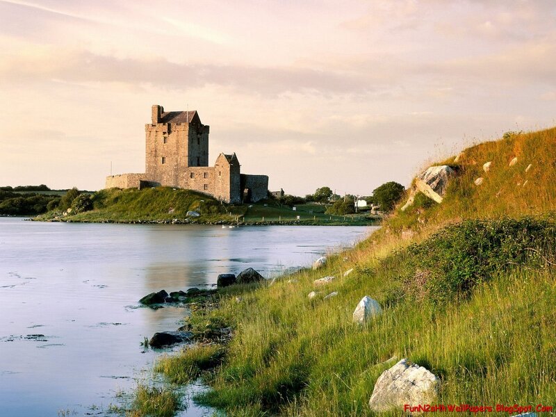 Stone Castle on Hill — Green, Serene, Sunset, Photograph, River
