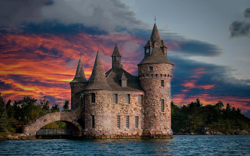 Stone Castle on Water — Blue, Dramatic, Sunset