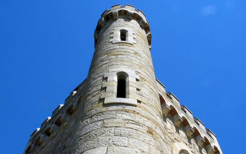 Stone Castle Tower — Blue, Dramatic, Afternoon, Photograph