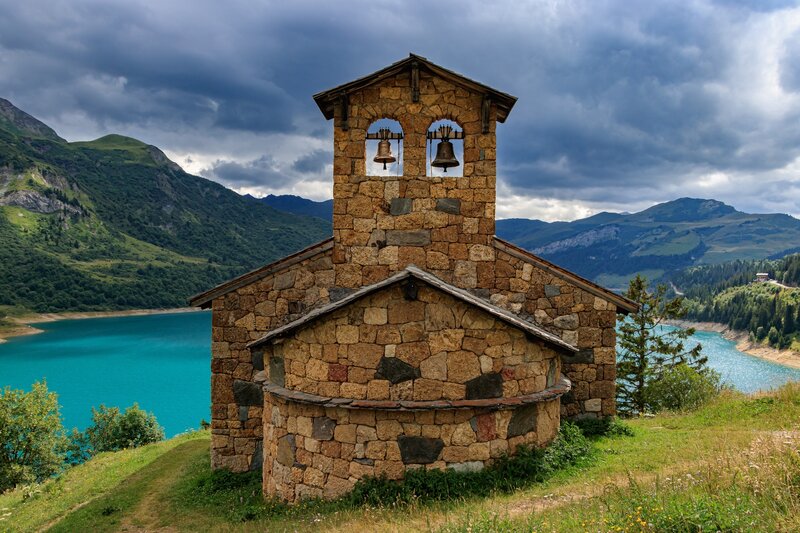 Stone Chapel by Lake — Blue, Dramatic
