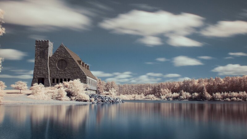 Stone Chapel by Lake — Blue
