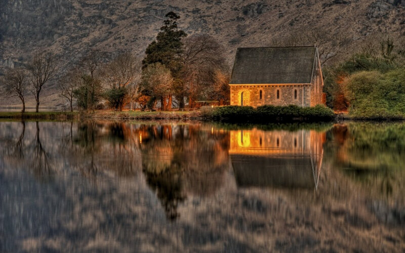 Stone Chapel by Lake — Brown