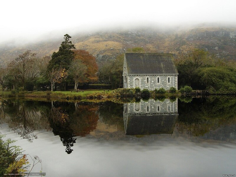 Stone Chapel by Lake — Gray, Serene, Autumn
