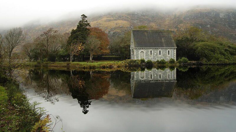 Stone Chapel by Lake — Gray, Serene