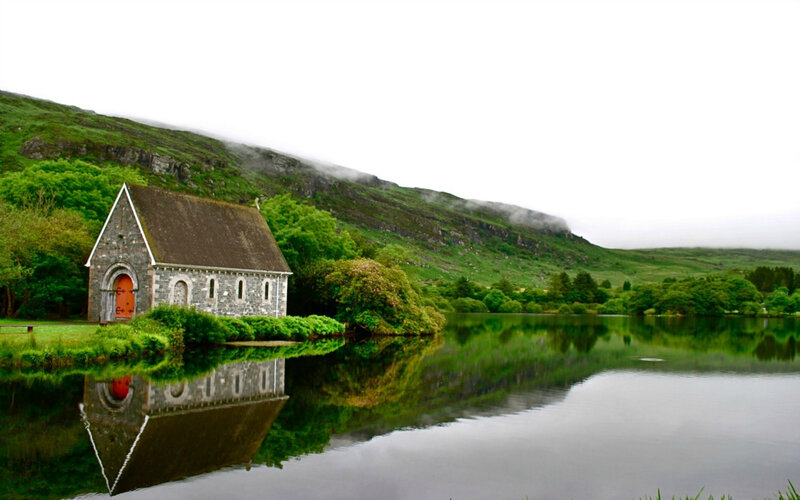 Stone Chapel by Lake — Green, Serene