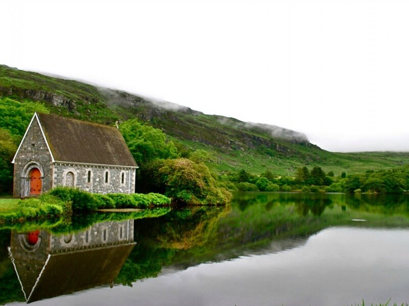 Stone Chapel by Lake — Green
