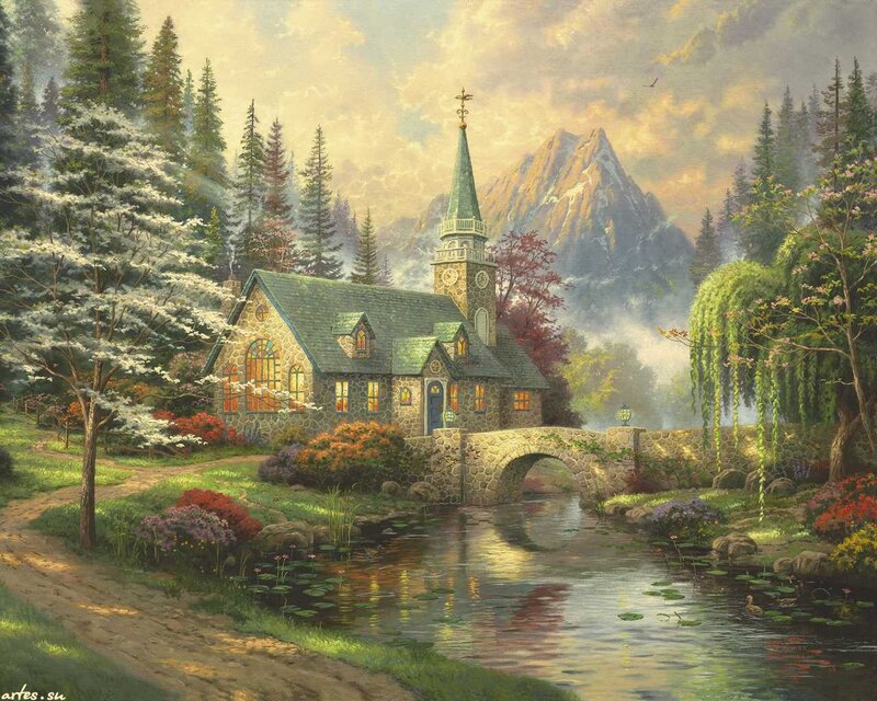 Stone Chapel in Forest — Green, Serene, Afternoon, Painting