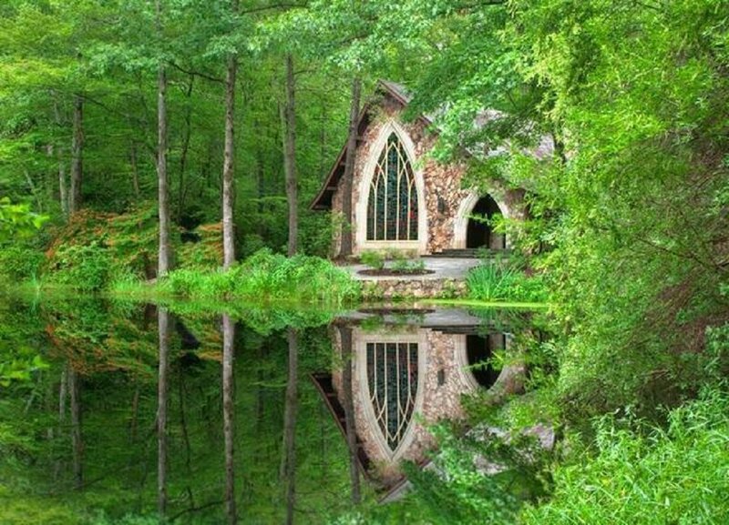 Stone Chapel in Forest — Green, Serene, Afternoon, Photograph, Lake