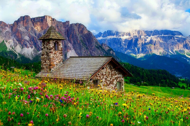 Stone Chapel in Meadow — Green