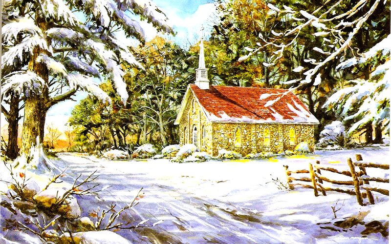 Stone Chapel in Snow — White