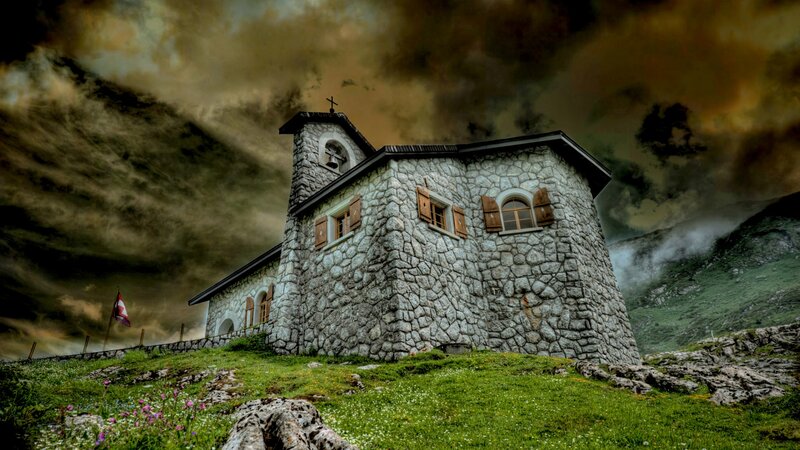 Stone Chapel on Hill — Green