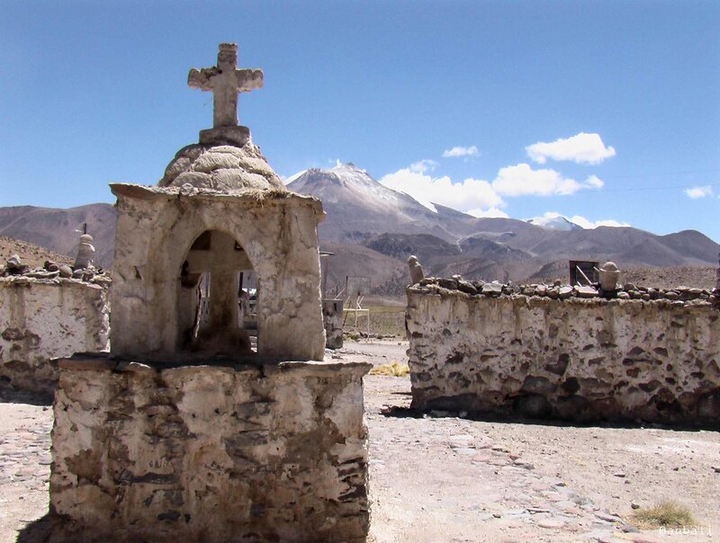 Stone chapel with mountain view