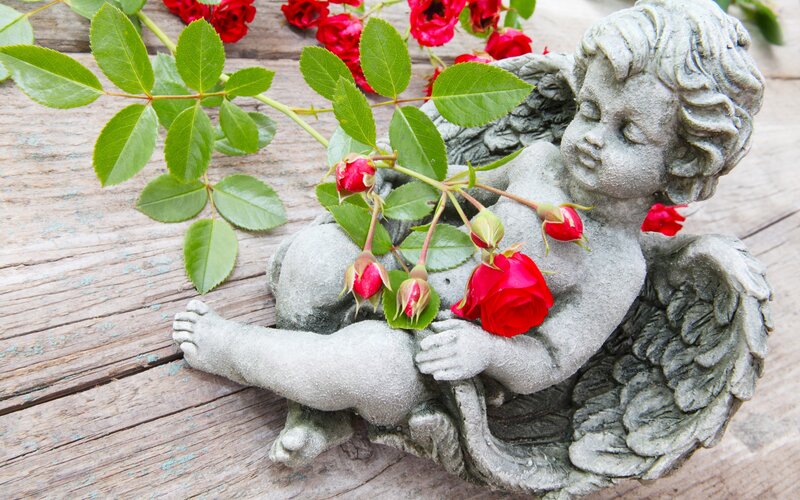 Stone Cherub with Roses