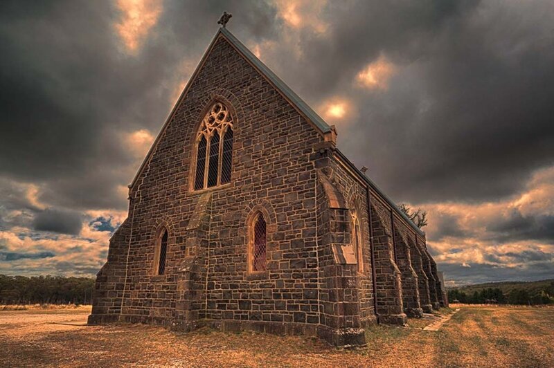 Stone Church Building — Gray, Dramatic