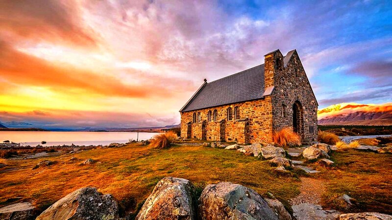 Stone Church by Lake — Orange