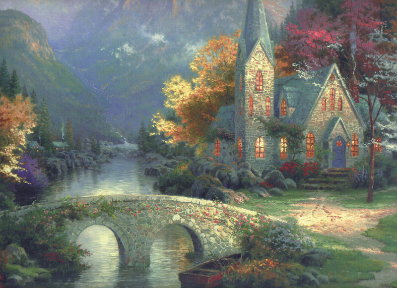 Stone Church by River — Green, Serene