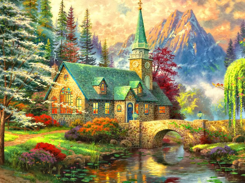 Stone Church by Stream