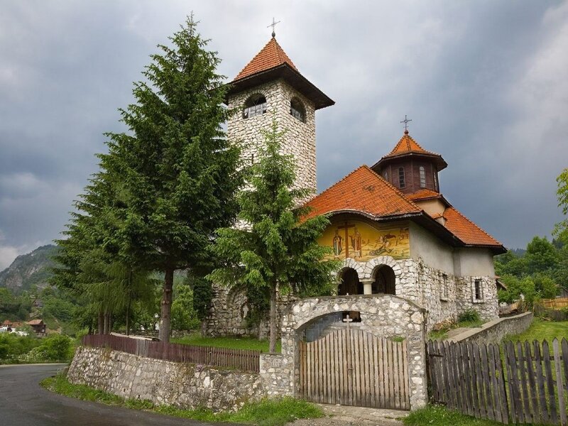Stone church in a mountain village