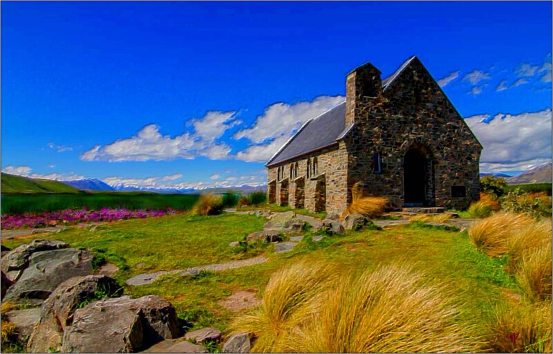 Stone Church in Field — Blue