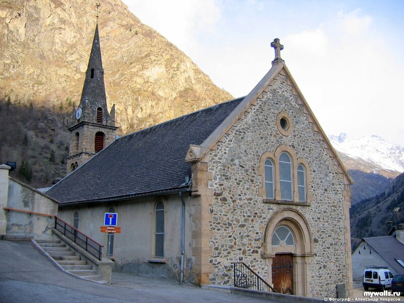 Stone church in mountain village