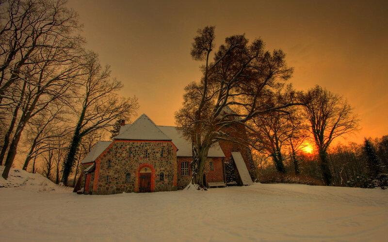 Stone Church in Snow — Orange
