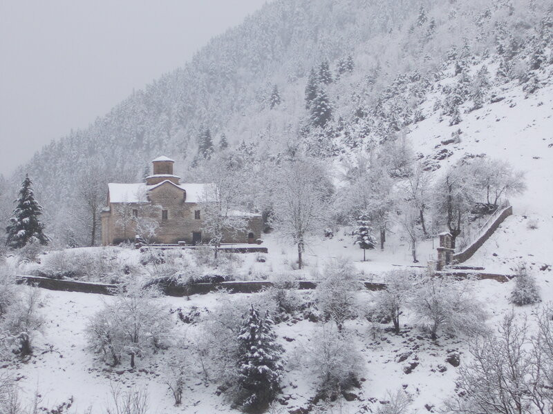 Stone Church in Snow — White
