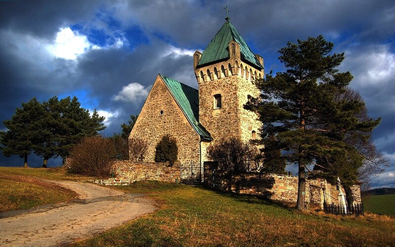 Stone Church on Hill — Blue