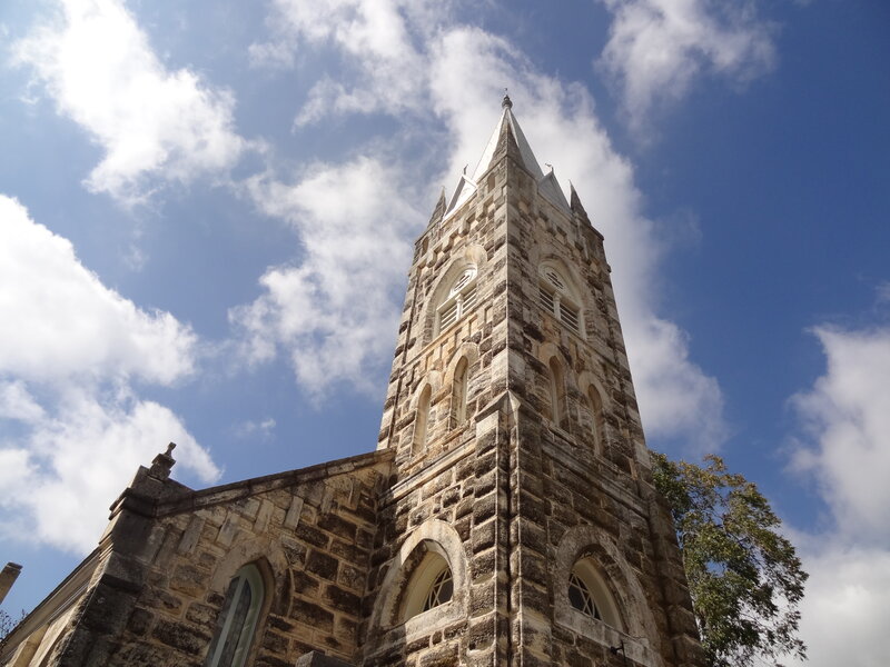 Stone Church Tower — Blue, Serene, Afternoon