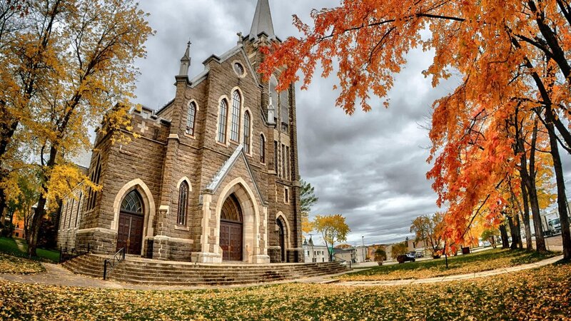 Stone Church with Autumn Trees — Orange