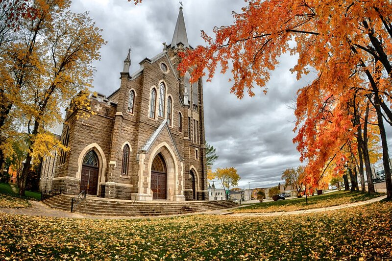 Stone Church with Autumn Trees