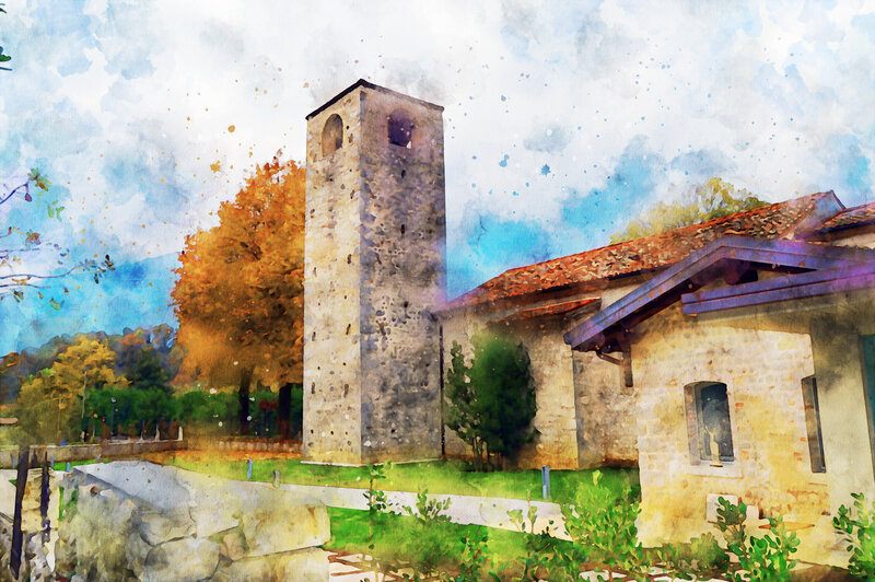 Stone Church with Bell Tower — Blue, Serene, Autumn