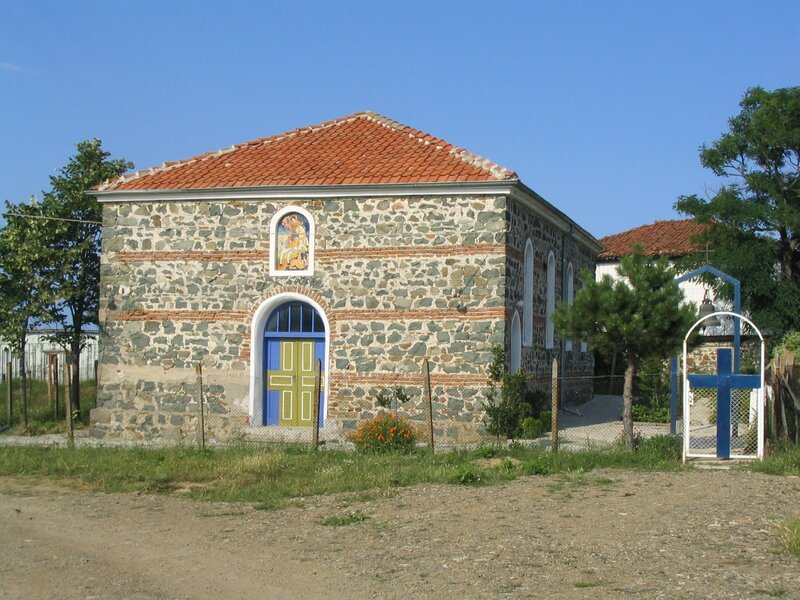 Stone church with blue door