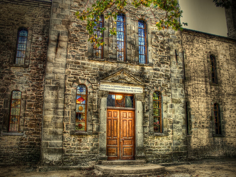 Stone church with stained glass