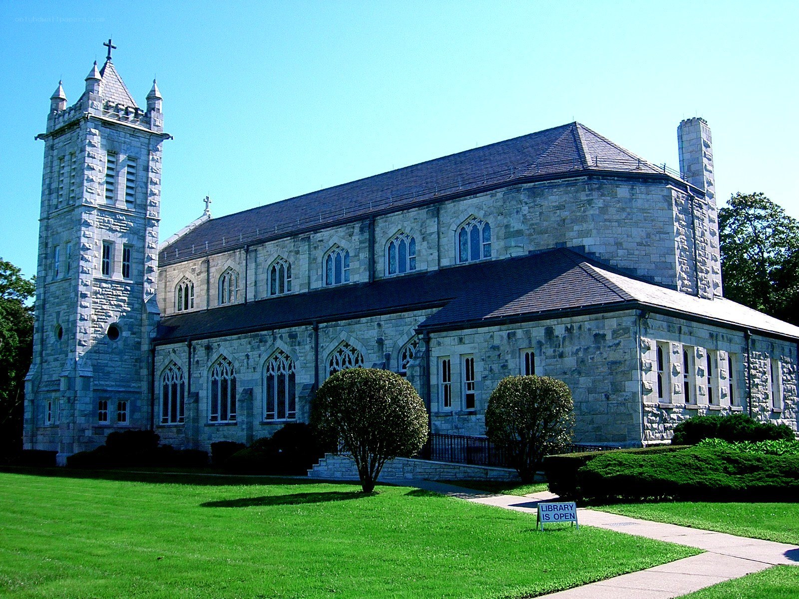 stone church with tall tower