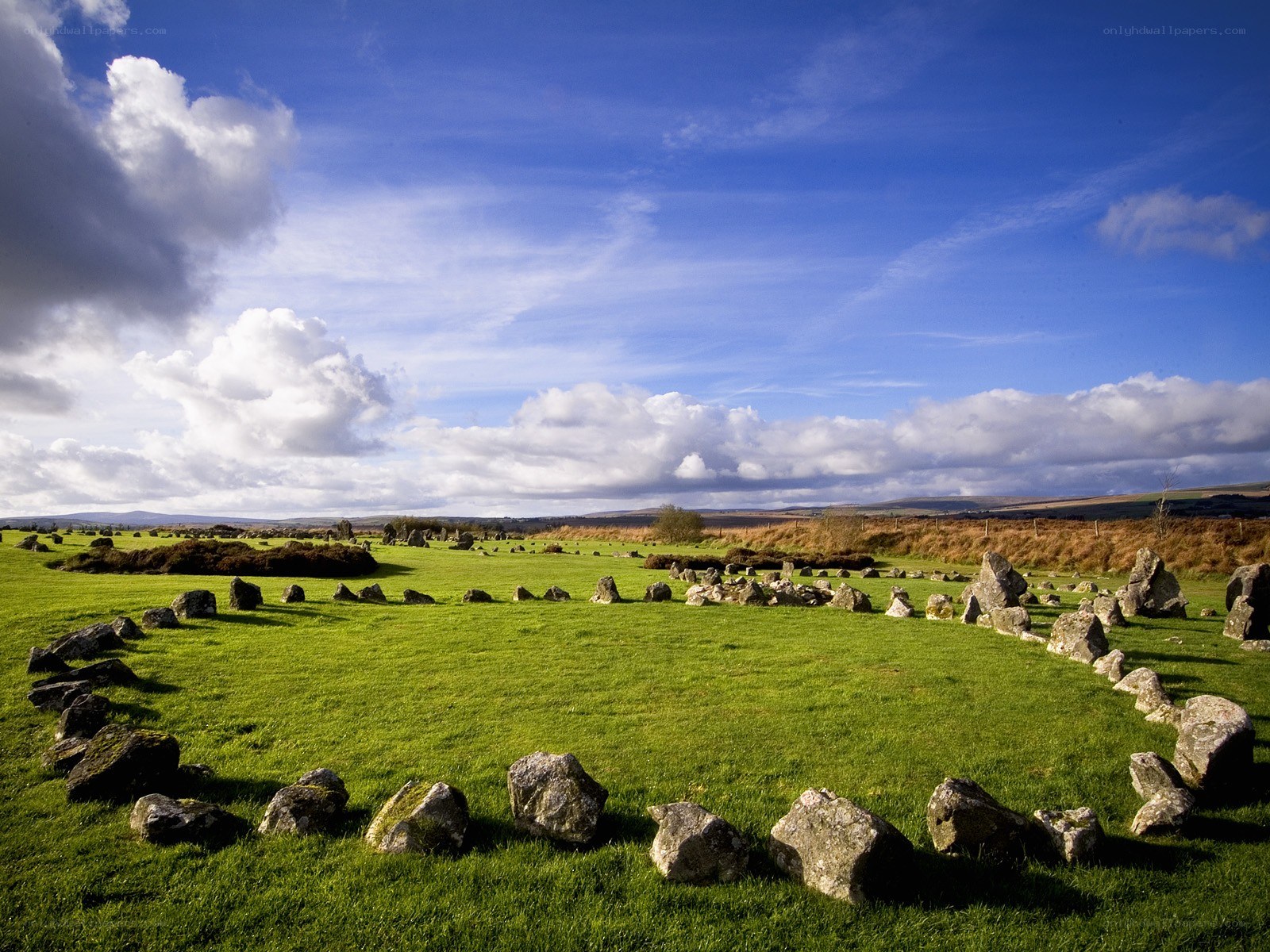 Stone circle in a green field