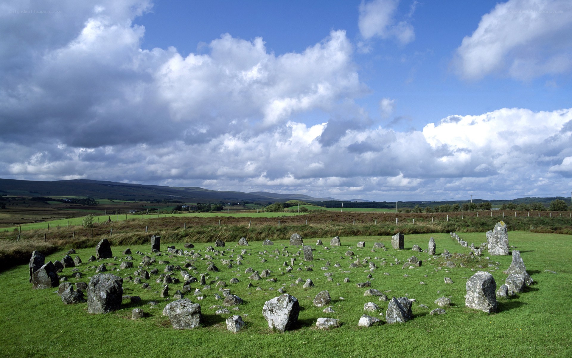 Stone circle in a green field